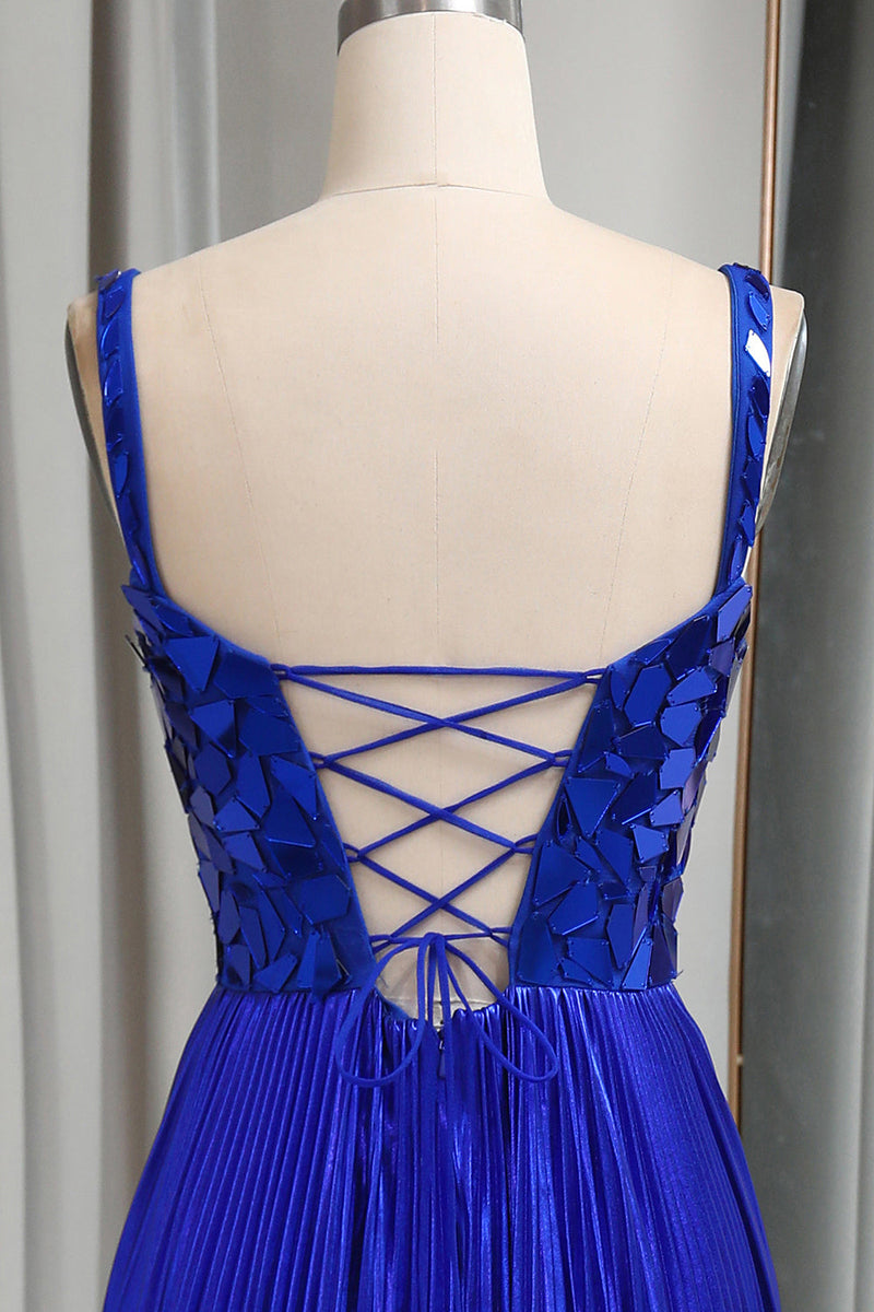 Load image into Gallery viewer, Glitter Royal Blue A Line Long Mirror Formal Dress With Slit