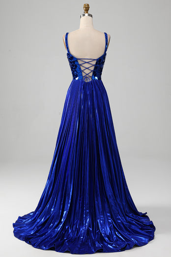 Sparkly Lace-Up Back Royal Blue Formal Dress with Slit