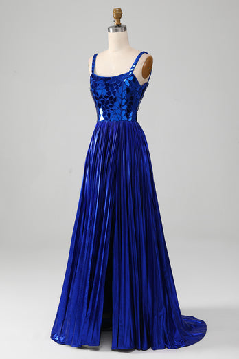 Sparkly Lace-Up Back Royal Blue Formal Dress with Slit