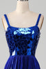 Load image into Gallery viewer, Sparkly Lace-Up Back Royal Blue Formal Dress with Slit