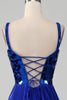 Load image into Gallery viewer, Sparkly Lace-Up Back Royal Blue Formal Dress with Slit