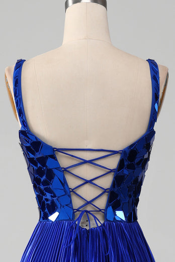 Sparkly Lace-Up Back Royal Blue Formal Dress with Slit