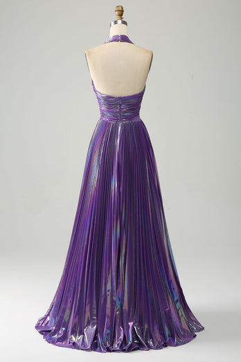 Sparkly Purple Halter A Line Formal Dress with Pleated