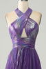 Load image into Gallery viewer, Sparkly Purple Halter A Line Formal Dress with Pleated