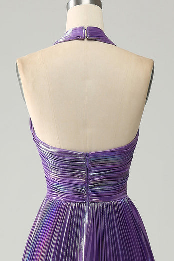 Sparkly Purple Halter A Line Formal Dress with Pleated