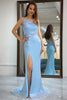 Load image into Gallery viewer, Glitter Light Blue Mermaid Backless Long Formal Dress With Slit