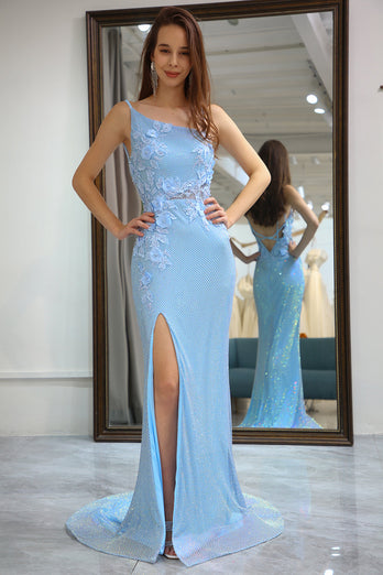 Glitter Light Blue Mermaid Backless Long Formal Dress With Slit