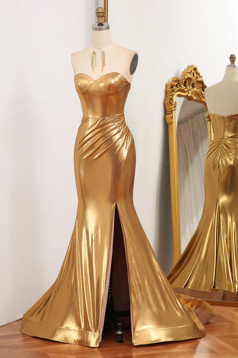 Sparkly Golden Mermaid Strapless Long Formal Dress With Slit