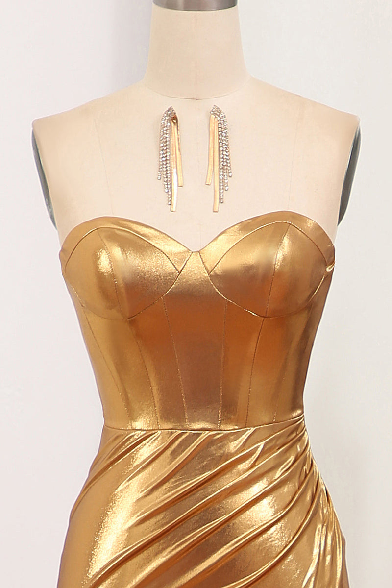 Load image into Gallery viewer, Sparkly Golden Mermaid Strapless Long Formal Dress With Slit