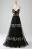 Load image into Gallery viewer, Black A-Line Spaghetti Straps Embroidered Long Corset Formal Dress