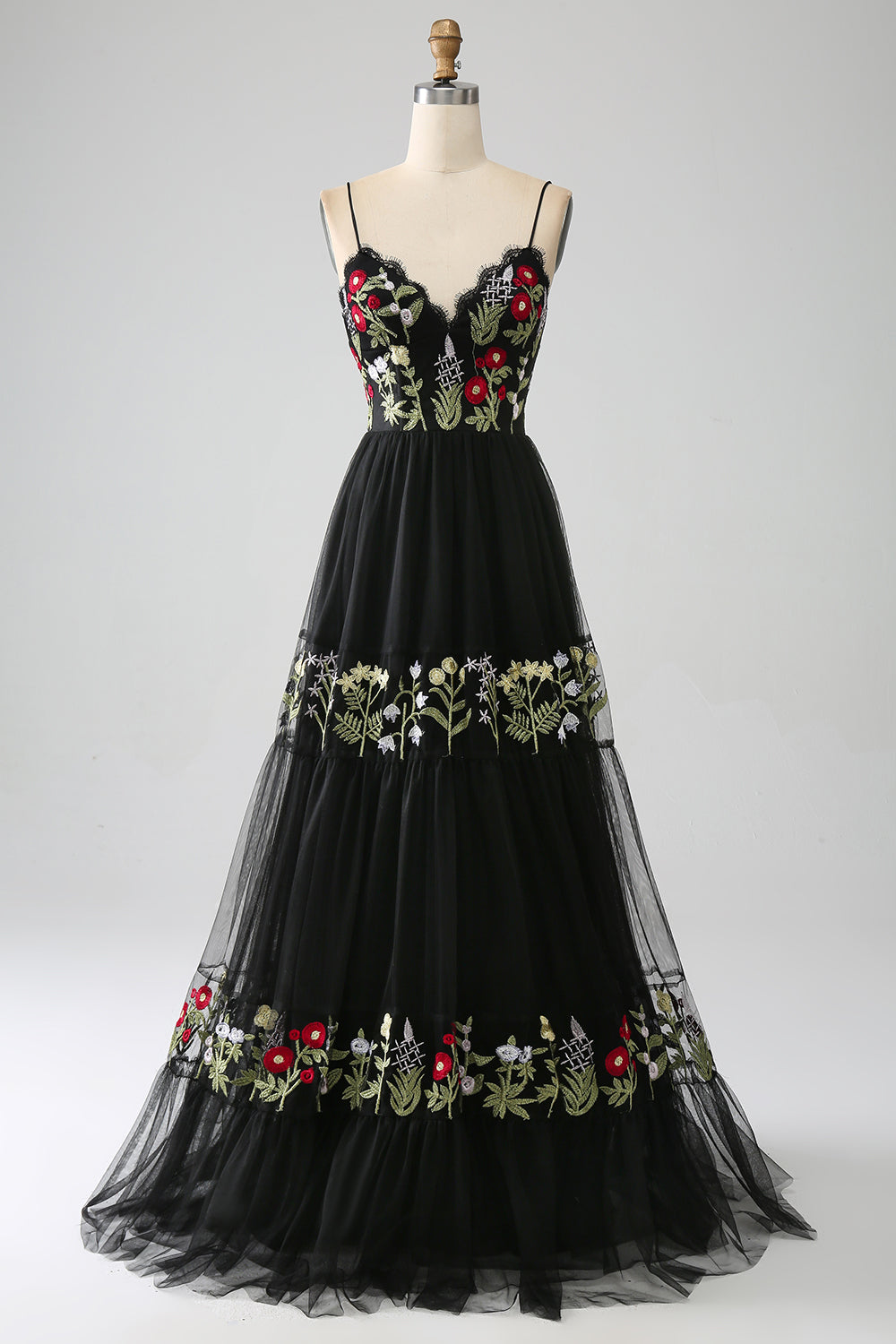 Black A-Line Spaghetti Straps Embroidered Long Corset Formal Dress