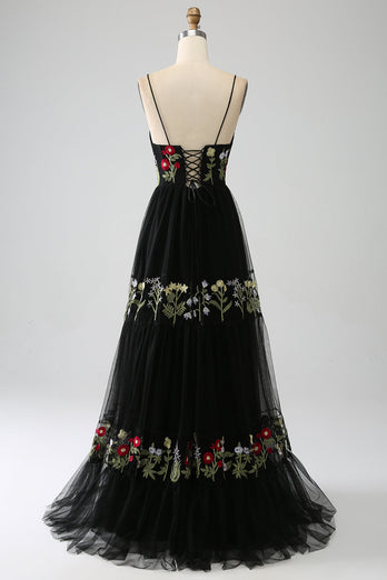 Black A-Line Spaghetti Straps Embroidered Long Corset Formal Dress