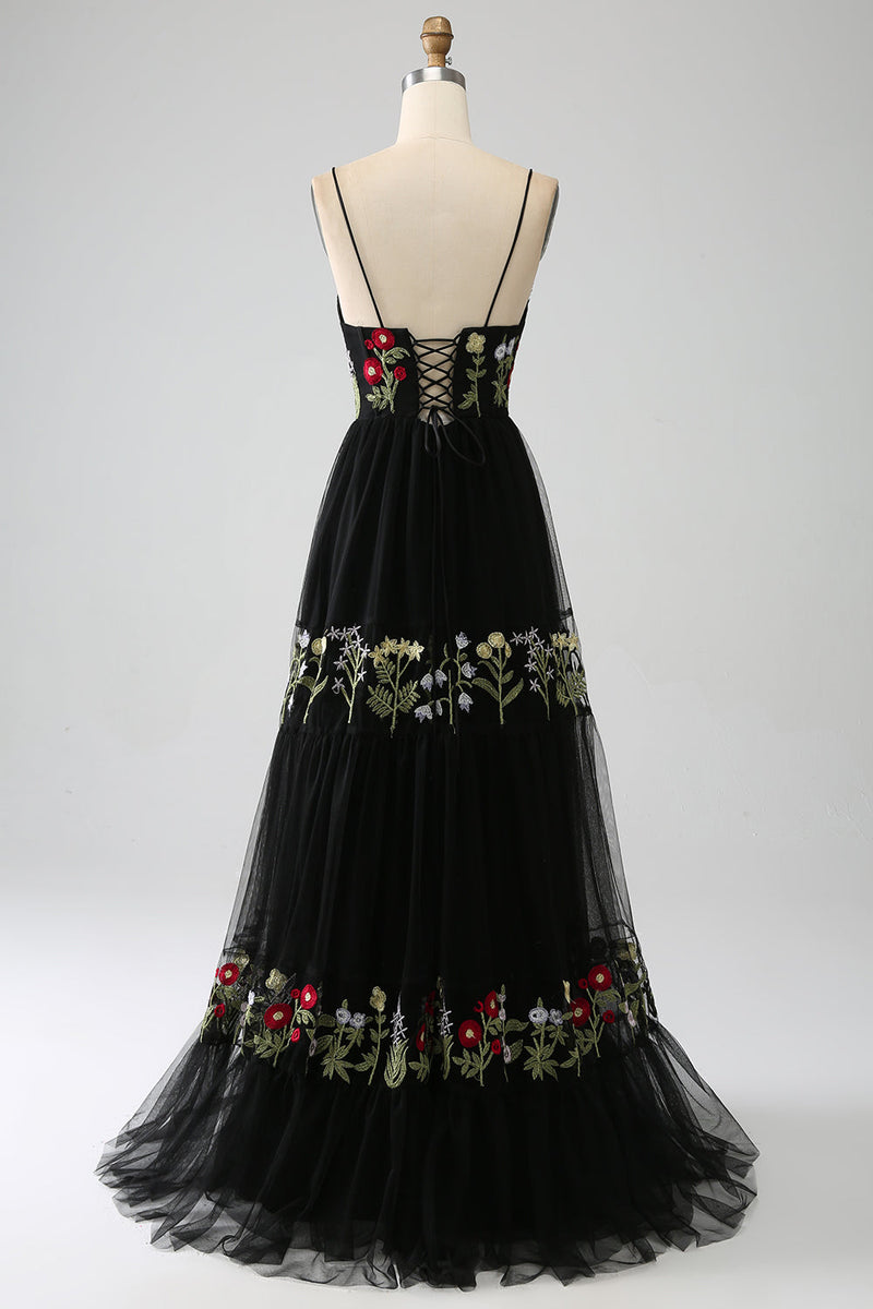 Load image into Gallery viewer, Black A-Line Spaghetti Straps Embroidered Long Corset Formal Dress