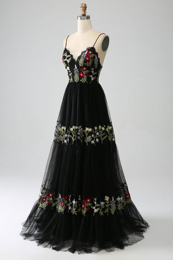 Black A-Line Spaghetti Straps Embroidered Long Corset Formal Dress