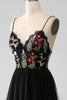 Load image into Gallery viewer, Black A-Line Spaghetti Straps Embroidered Long Corset Formal Dress