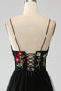 Load image into Gallery viewer, Black A-Line Spaghetti Straps Embroidered Long Corset Formal Dress