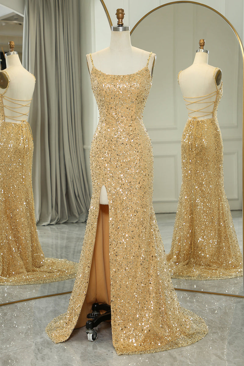 Load image into Gallery viewer, Sparkly Golden Mermaid Backless Long Prom Dress With Slit