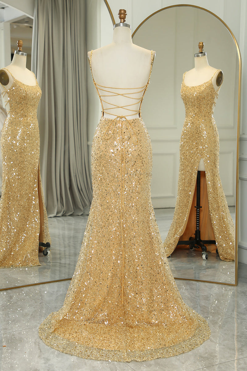 Load image into Gallery viewer, Sparkly Golden Mermaid Backless Long Prom Dress With Slit