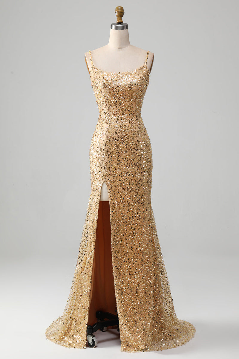 Load image into Gallery viewer, Golden Mermaid Spaghetti Straps Sequined Formal Dress With Slit