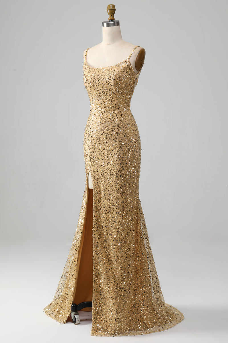 Load image into Gallery viewer, Golden Mermaid Spaghetti Straps Sequined Formal Dress With Slit