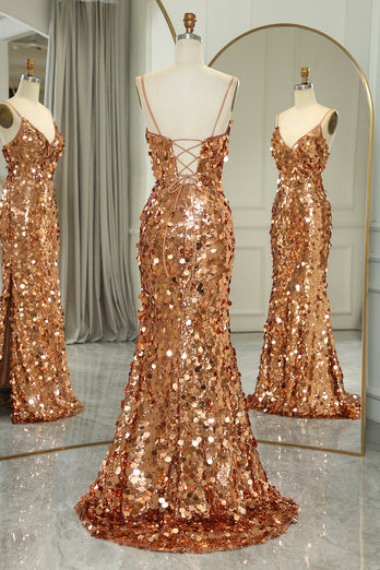 Glitter Golden Beaded Sequins Mermaid Long Formal Dress With Slit