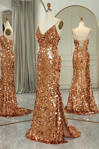 Glitter Golden Beaded Sequins Mermaid Long Formal Dress With Slit