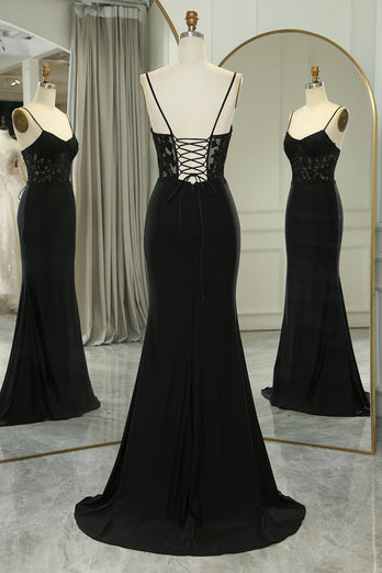 Black Mermaid Spaghetti Straps Long Corset Formal Dress