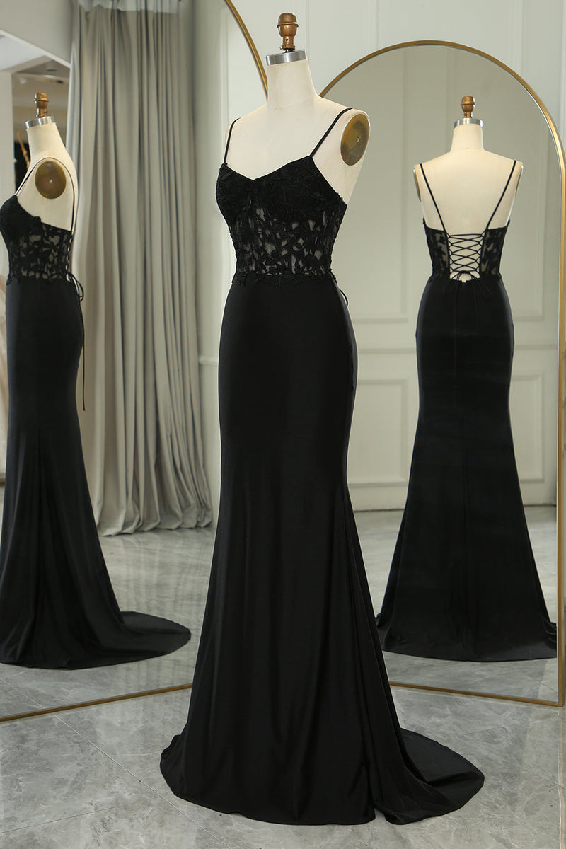 Load image into Gallery viewer, Black Mermaid Spaghetti Straps Long Corset Formal Dress