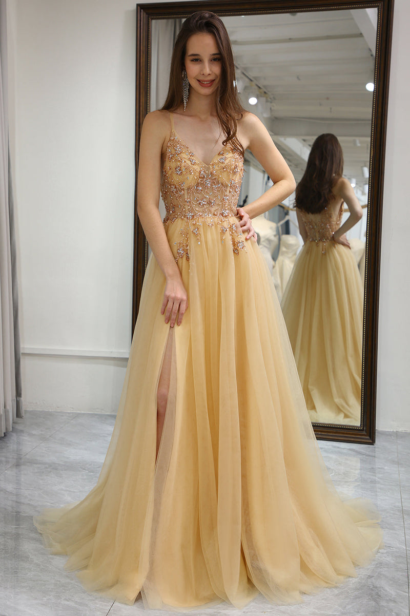 Load image into Gallery viewer, Golden A Line Long Corset Formal Dress With Appliques