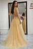 Load image into Gallery viewer, Golden A Line Long Corset Formal Dress With Appliques