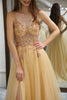 Load image into Gallery viewer, Golden A Line Long Corset Formal Dress With Appliques