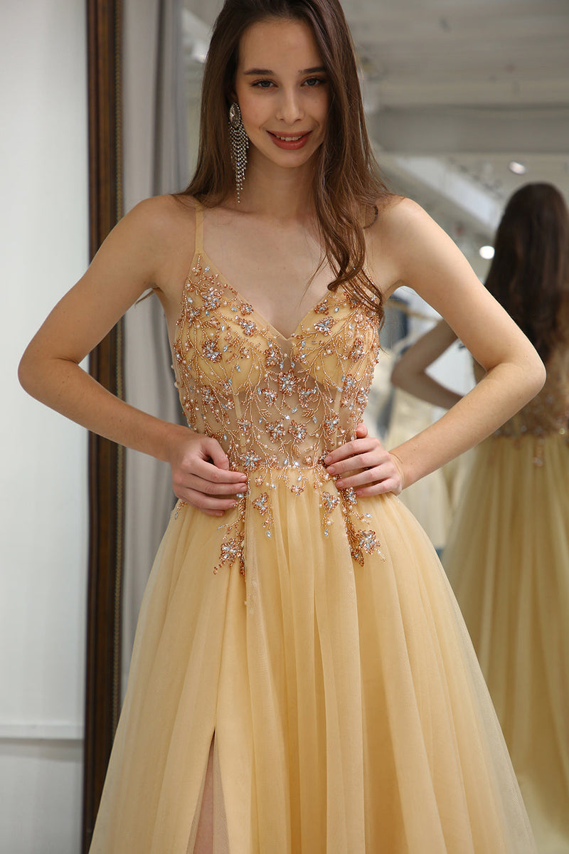 Load image into Gallery viewer, Golden A Line Long Corset Formal Dress With Appliques