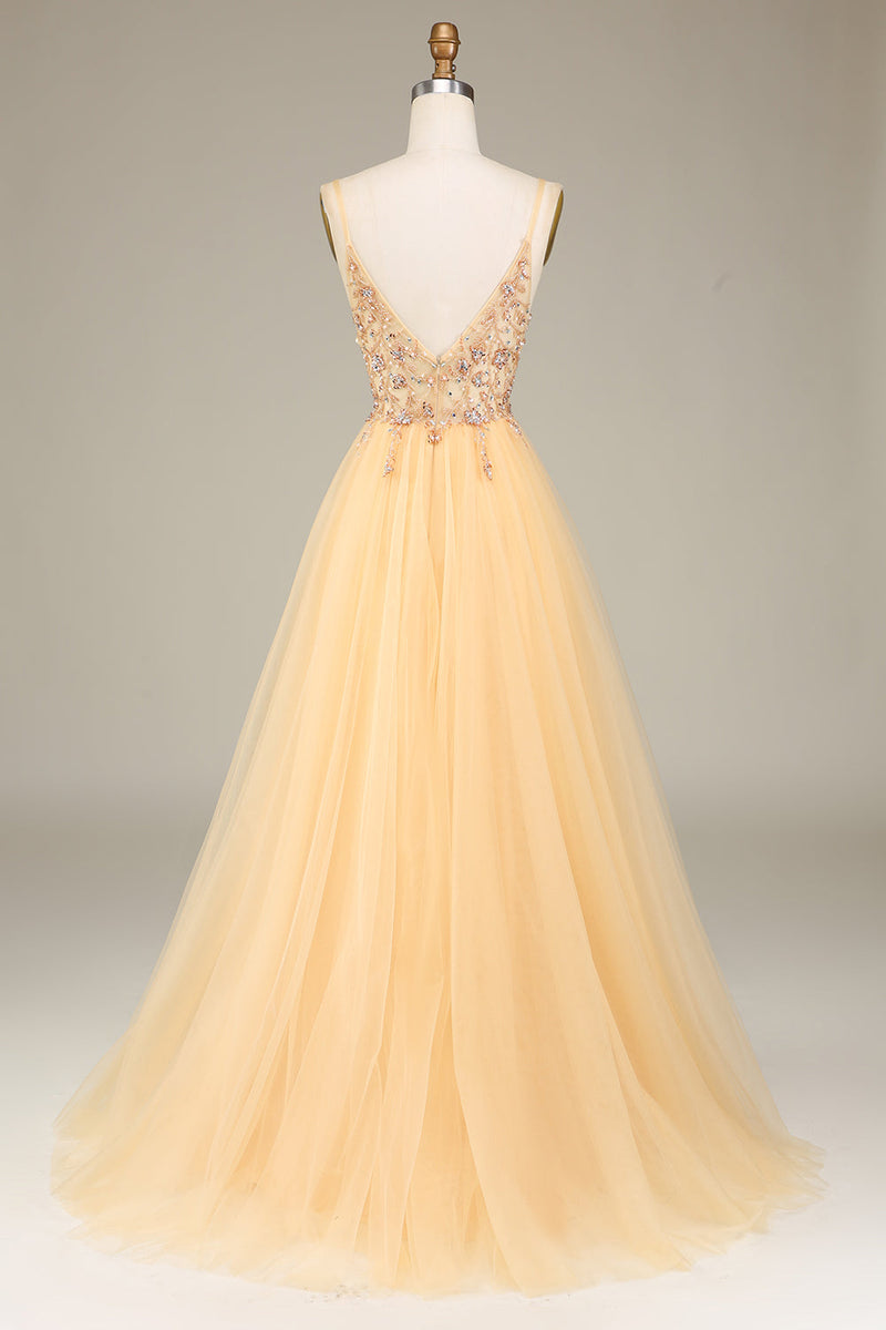 Load image into Gallery viewer, Charming A Line Spaghetti Straps Golden Long Prom Dress with Beading