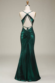 Hot Mermaid Spaghetti Straps Dark Green Long Prom Dress with Open Back