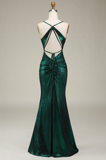 Hot Mermaid Spaghetti Straps Dark Green Long Prom Dress with Open Back