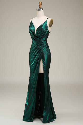 Hot Mermaid Spaghetti Straps Dark Green Long Prom Dress with Open Back