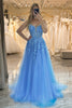 Load image into Gallery viewer, Blue A Line Tulle Long Formal Dress With Appliques