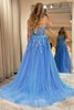 Load image into Gallery viewer, Blue A Line Tulle Long Formal Dress With Appliques