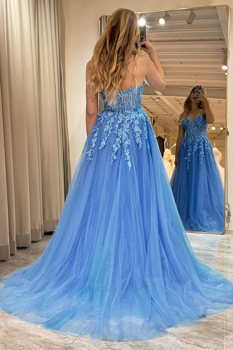 Load image into Gallery viewer, Blue A Line Tulle Long Formal Dress With Appliques