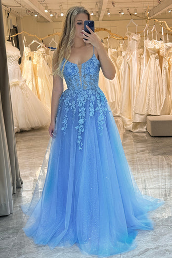 Blue A Line Tulle Long Formal Dress With Appliques