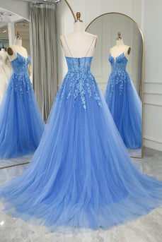 Blue A Line Tulle Long Formal Dress With Appliques