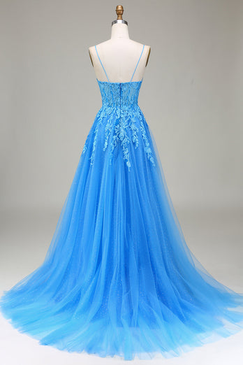 A-Line Spaghetti Straps Blue Tulle Formal Dress With Appliques