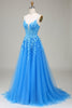 Load image into Gallery viewer, A-Line Spaghetti Straps Blue Tulle Formal Dress With Appliques