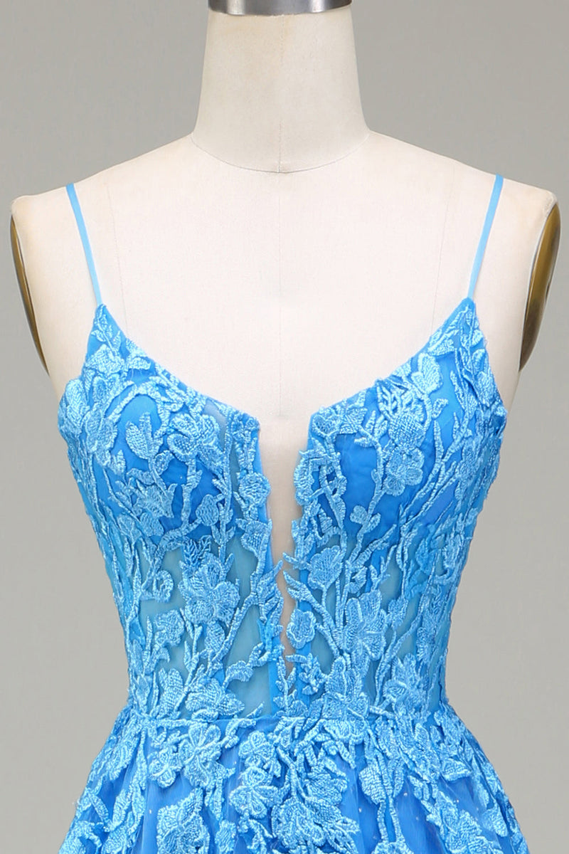 Load image into Gallery viewer, A-Line Spaghetti Straps Blue Tulle Formal Dress With Appliques