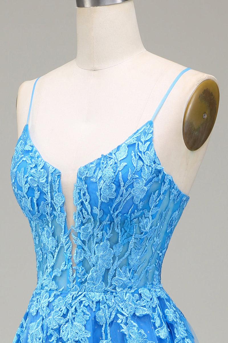 Load image into Gallery viewer, A-Line Spaghetti Straps Blue Tulle Formal Dress With Appliques