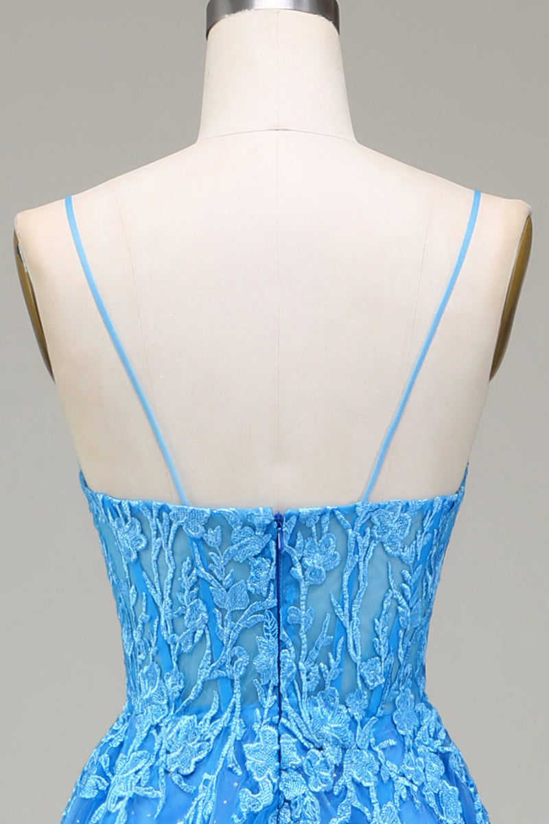 Load image into Gallery viewer, A-Line Spaghetti Straps Blue Tulle Formal Dress With Appliques