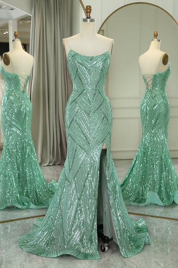 Glitter Green Mermaid Long Formal Dress With Slit