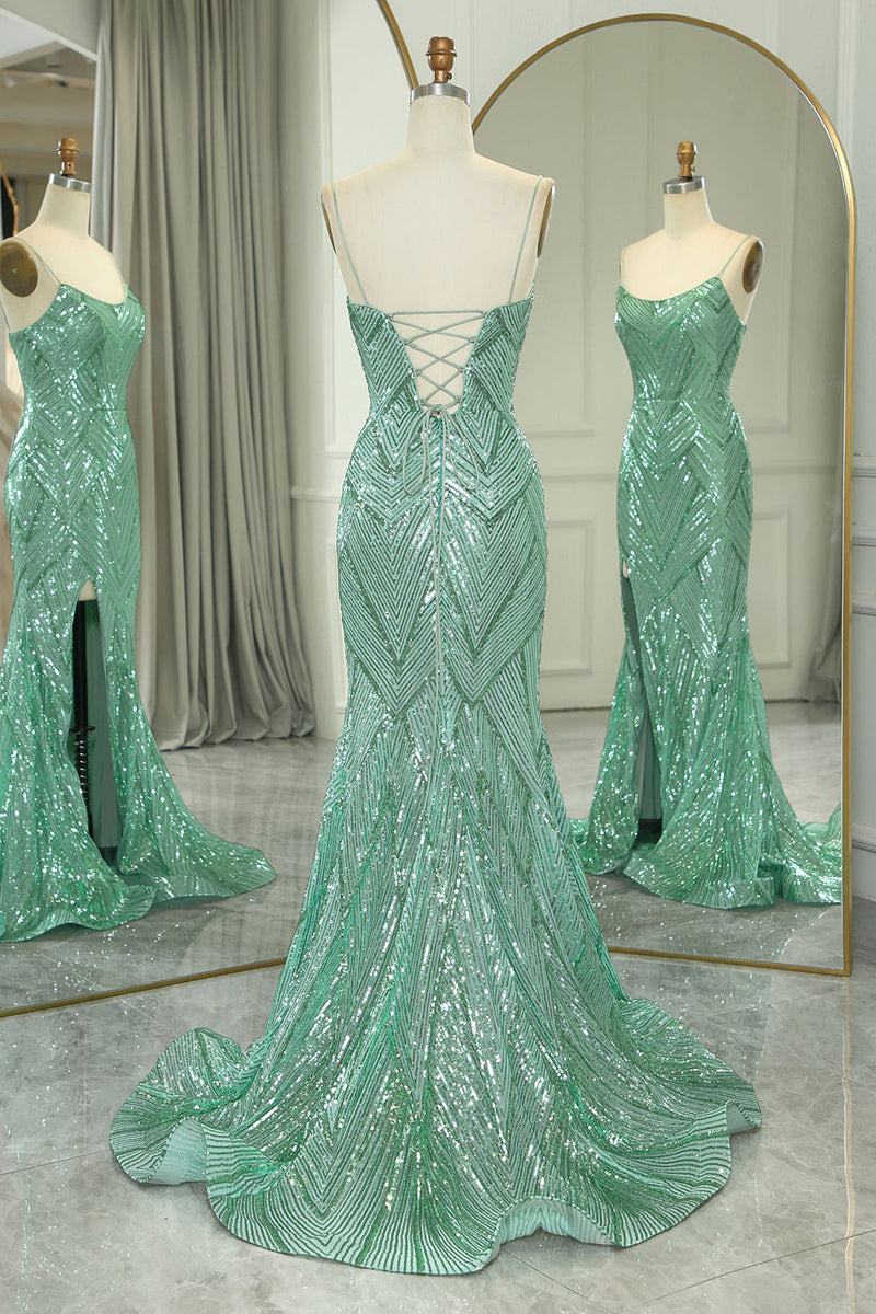 Load image into Gallery viewer, Glitter Green Mermaid Long Formal Dress With Slit