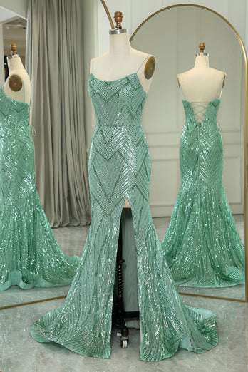 Glitter Green Mermaid Long Formal Dress With Slit