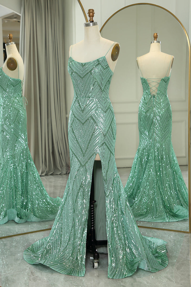 Load image into Gallery viewer, Glitter Green Mermaid Long Formal Dress With Slit